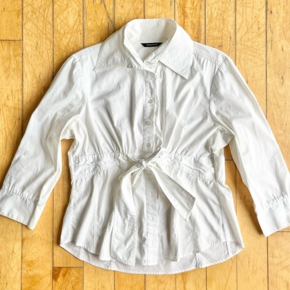 Samuel Dong White Button-Up Shirt Bow with Waist Tie Size Medium
